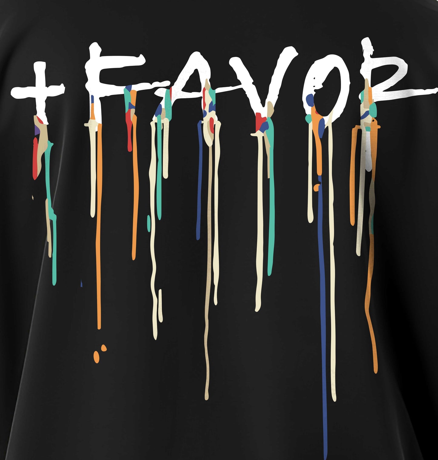 Black shirt with 'FAVOR' text in white with colorful drips on a black background