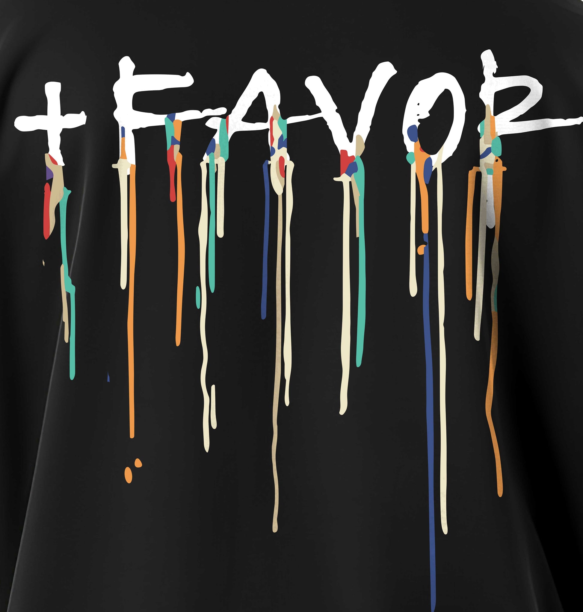 Black shirt with 'FAVOR' text in white with colorful drips on a black background