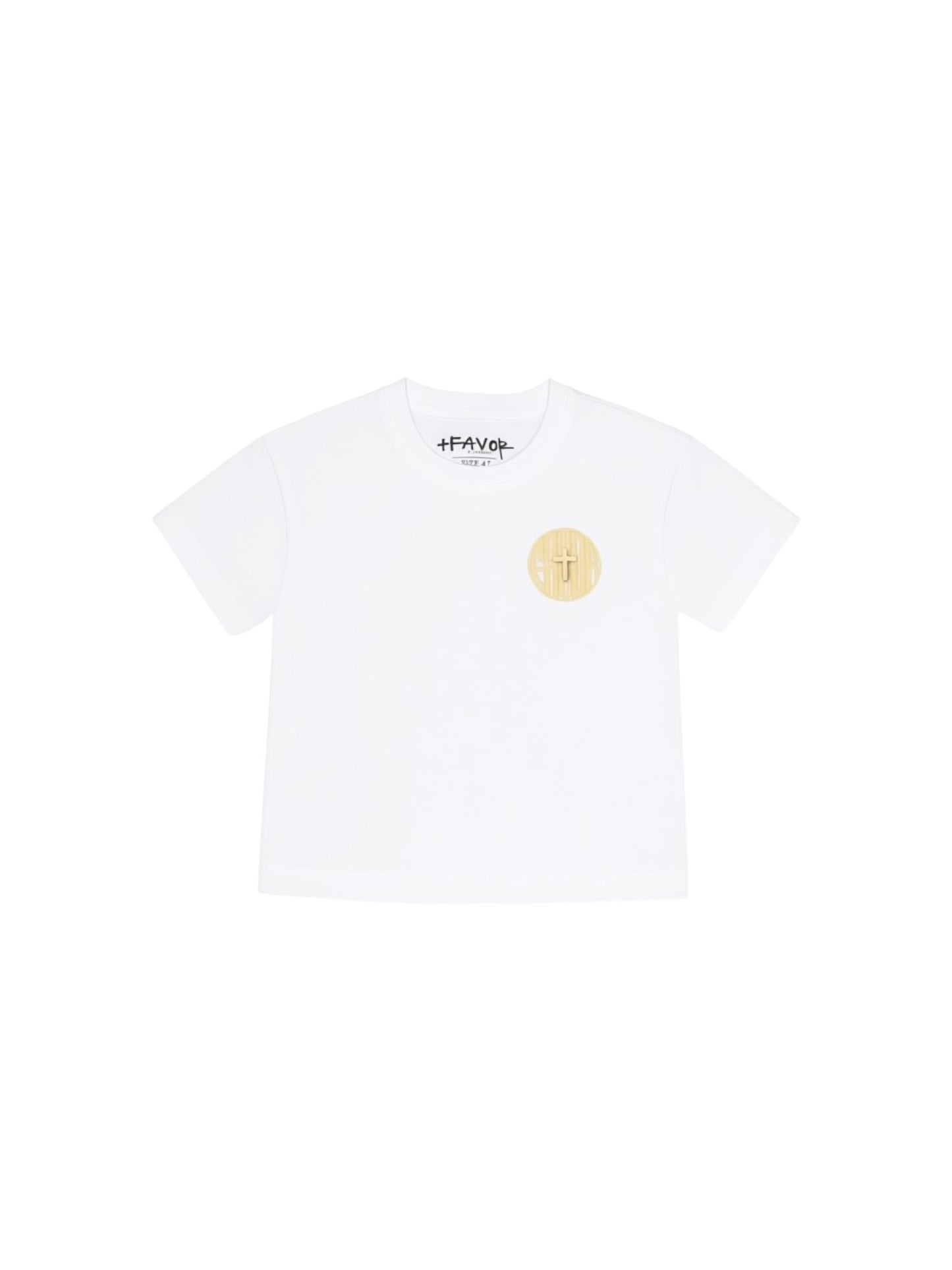 Front View- White t-shirt with a puff print yellow circular logo and text on a white background