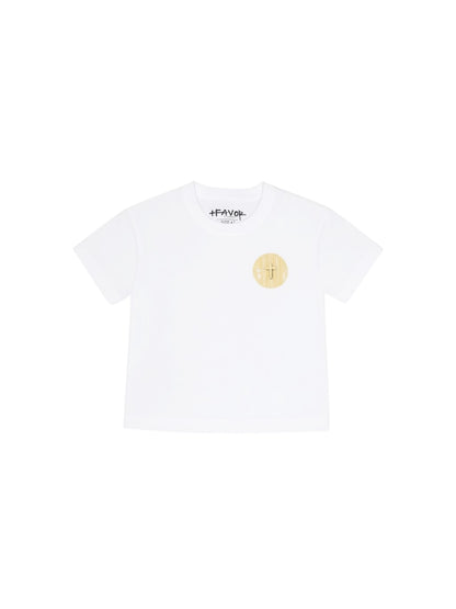 Front View- White t-shirt with a puff print yellow circular logo and text on a white background