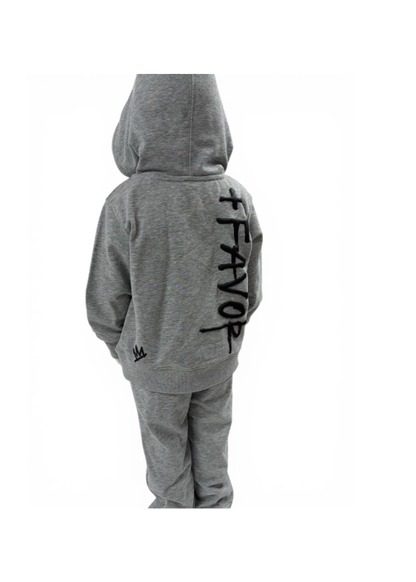 Gray hoodie with 'Favor' logo on the back against a white background