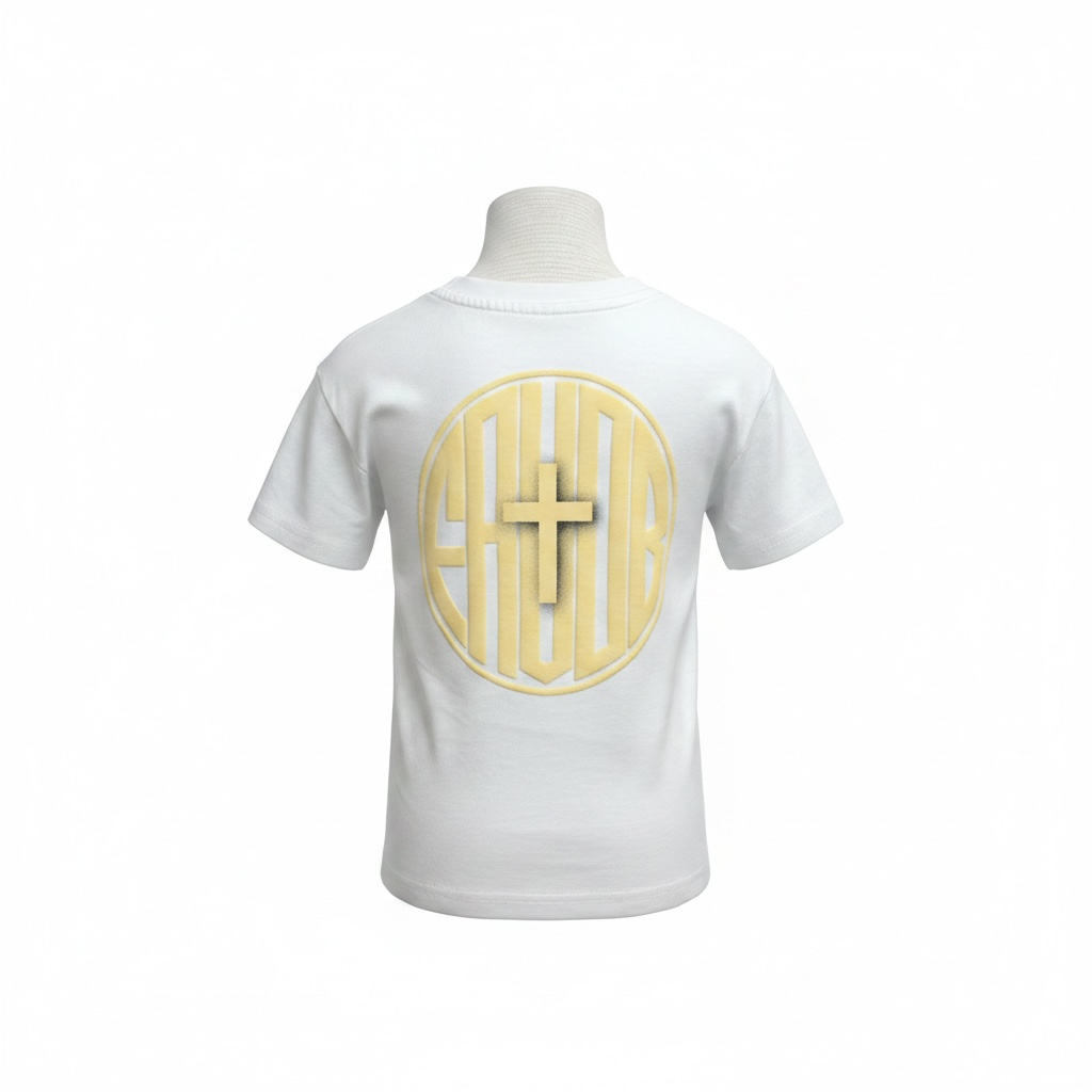 Back view: White t-shirt with a yellow circular puff print logo on a white background