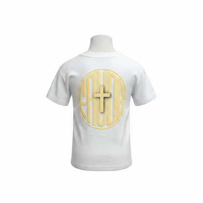 Back view: White t-shirt with a yellow circular puff print logo on a white background